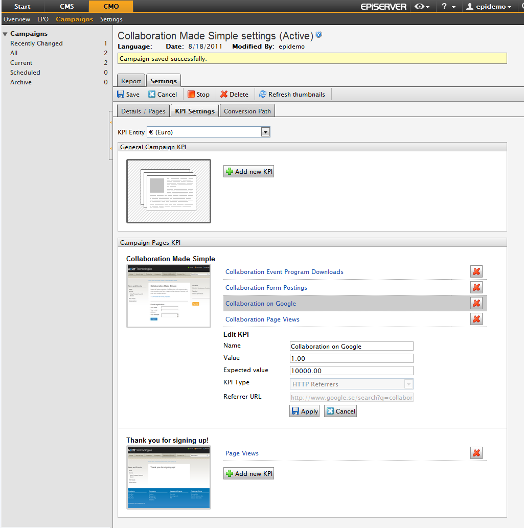 Create the KPIs for the specific page included in the campaign.