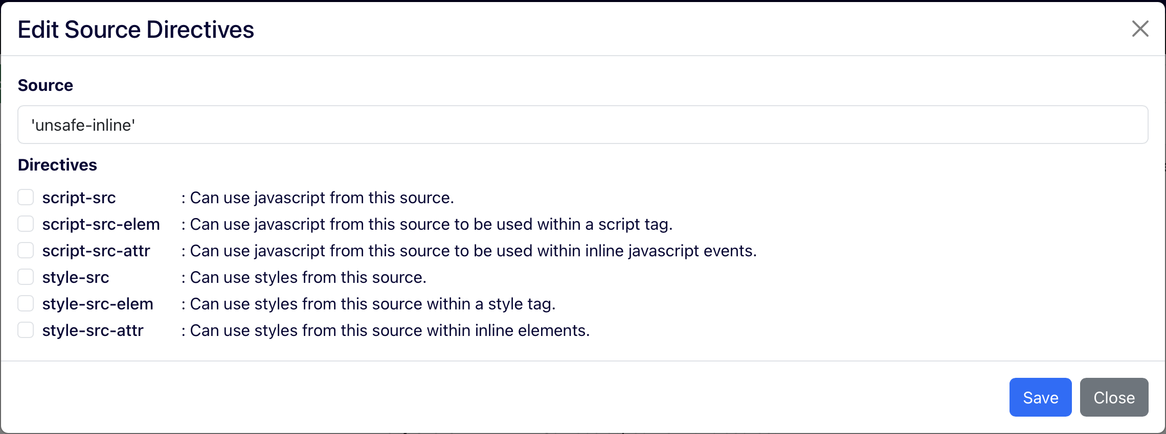 Content Security Policy Edit Source modal for Stott Security