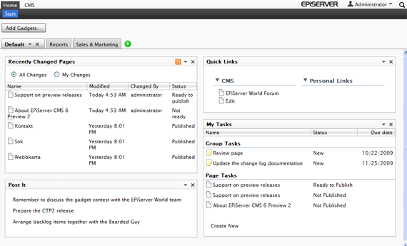 The Site Center dashboard can be personalized to a users preferences and requirements. Business owners, editors and marketers will focus on very different things.