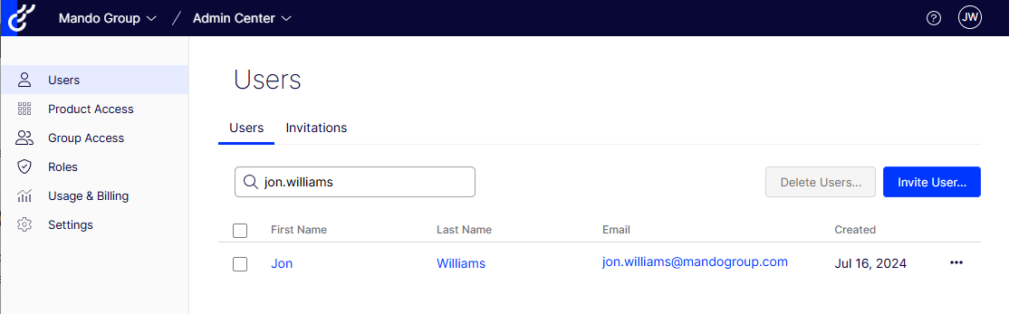 OptiID Admin Centre - User management screen