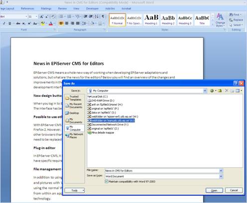 Saving document in Word to Web folder