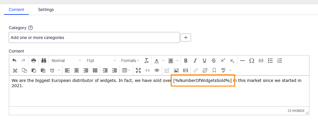 Screenshot of rich text field with placeholder