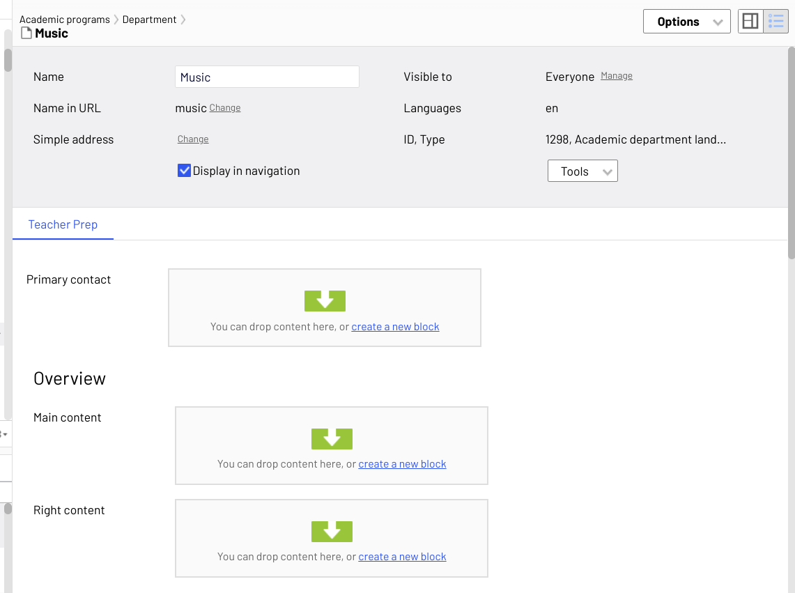 A person in the TeacherAdmin group correctly sees only one property group tab